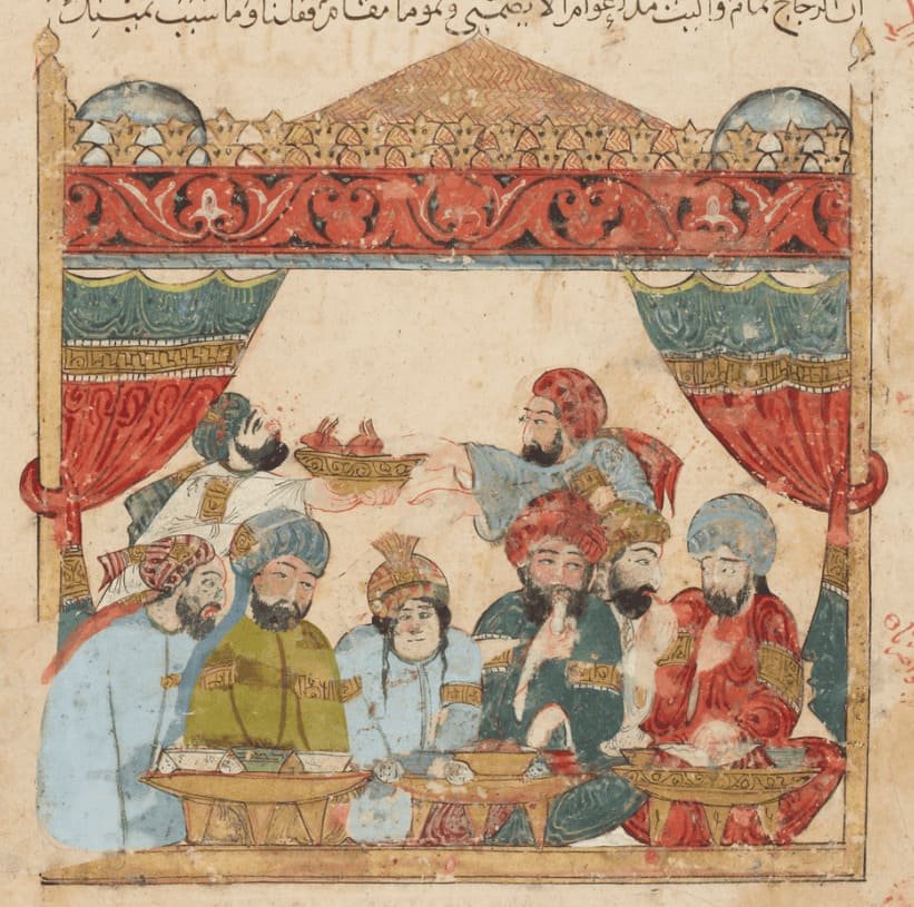 Maqamat de al-Hariri iluminado por Yahya ibn Mahmud al-Wasiti (1237). Musulmanes comiendo en ambiente festivo