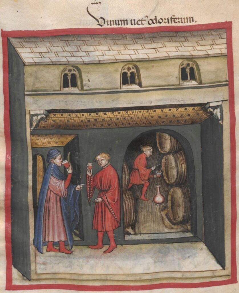 Tacuinum sanitatis de Ibn Butlan (Austria, c. 1380). Dos hombres catando vino añejo y oloroso