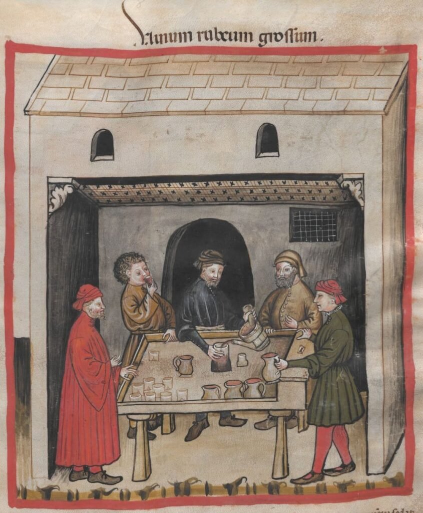 Tacuinum sanitatis de Ibn Butlan (Austria, c. 1380). Grupo de hombres bebiendo vino tinto en una taberna